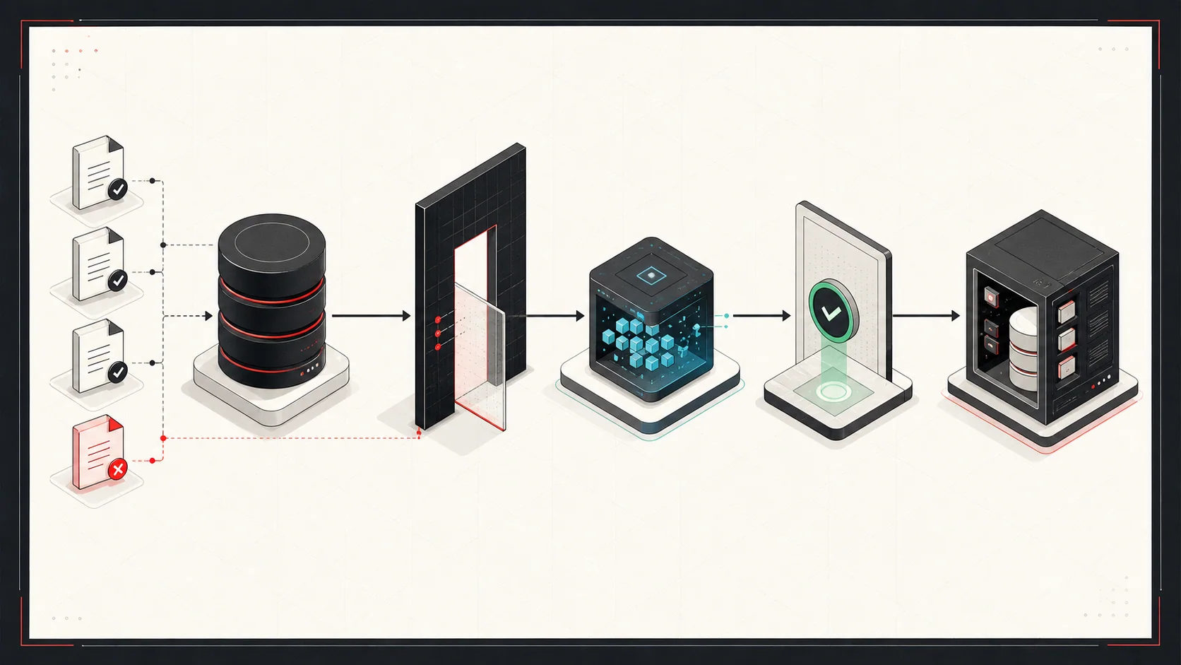 Controlled AI workflow moving through data access, permission, processing, and human approval boundaries